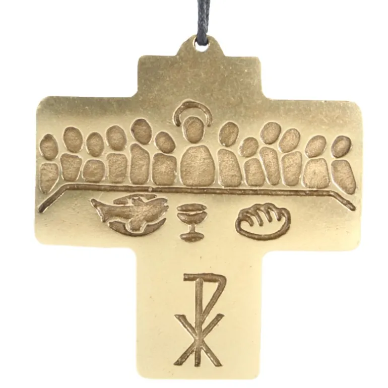 Palais du Rosaire Croix en Bronze avec représentation abstraite de la Cène 8cm^ Communion | Croix Religieuse