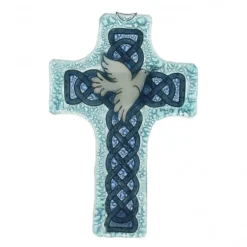 Palais du Rosaire Croix en verre bleue avec une colombe blanche 8x12cm^ Croix Religieuse
