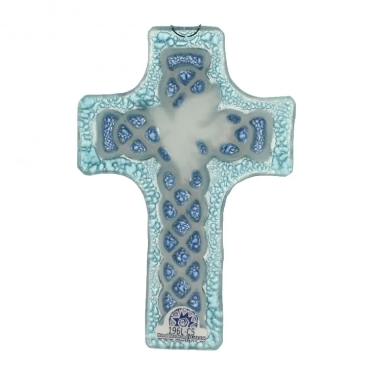 Palais du Rosaire Croix en verre bleue avec une colombe blanche 8x12cm^ Croix Religieuse