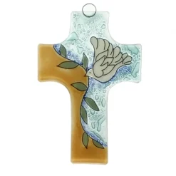 Palais du Rosaire Croix en Verre 8x12cm orange et bleue avec une colombe à la Branche^ Croix Religieuse
