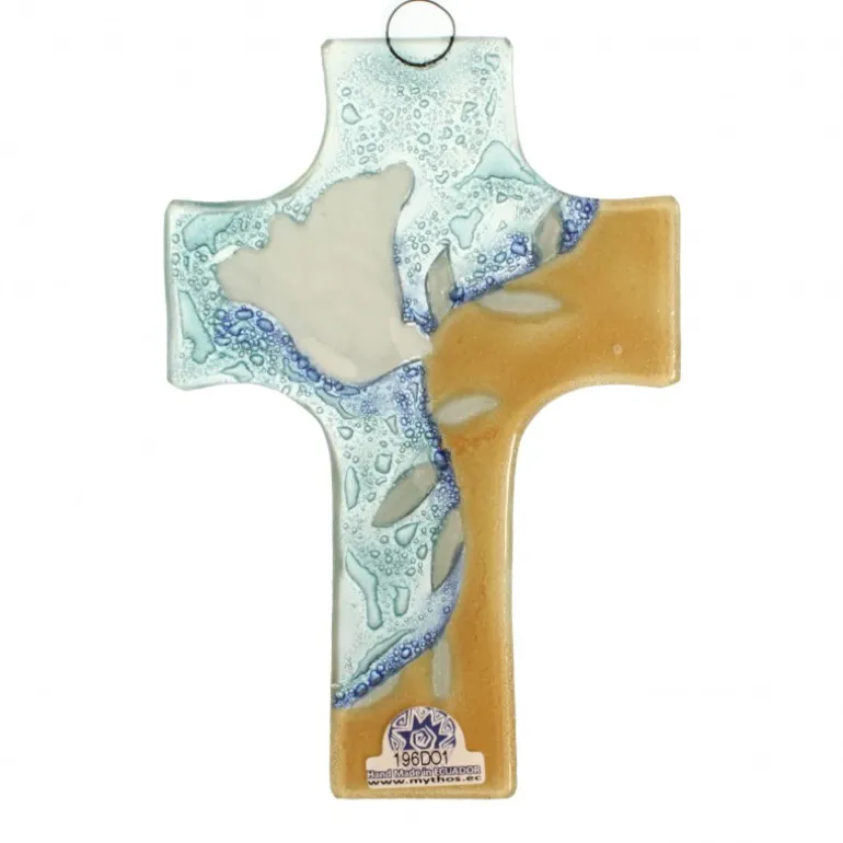 Palais du Rosaire Croix en Verre 8x12cm orange et bleue avec une colombe à la Branche^ Croix Religieuse