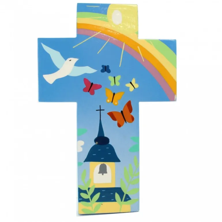 Palais du Rosaire Croix enfantine Clocher Arc-en-ciel de 15cm^ Communion | Croix Religieuse