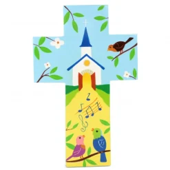 Palais du Rosaire Croix enfantine Eglise et pinsons de 15cm^ Communion | Croix Religieuse