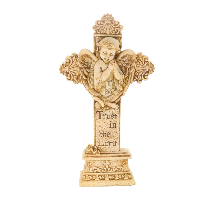 Palais du Rosaire Croix pied avec ange 21cm en pierre et resine beige^ Crucifix Résine