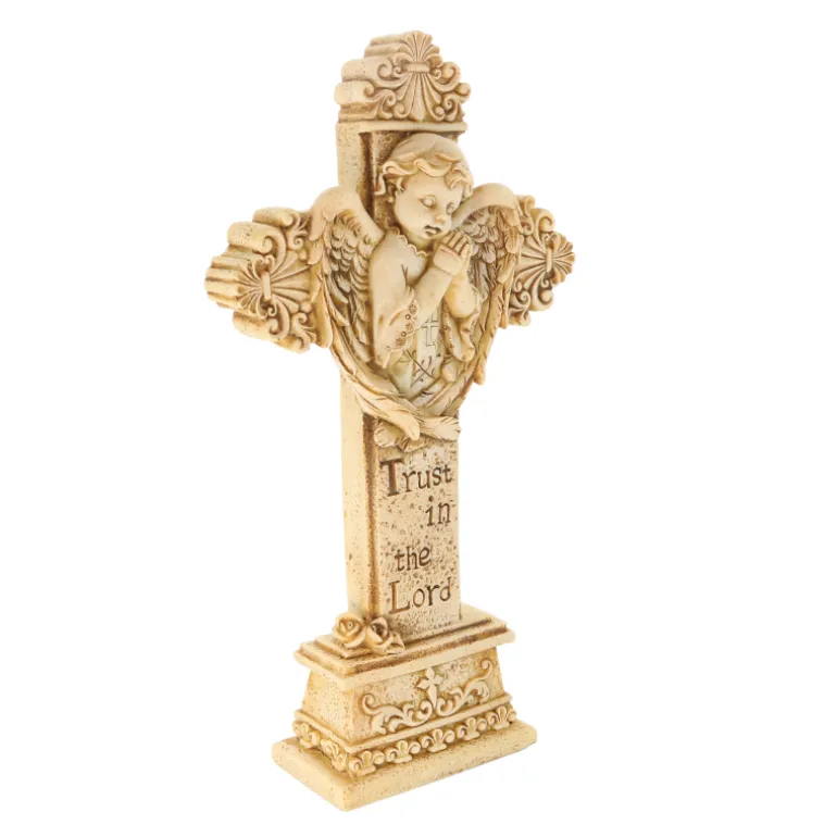 Palais du Rosaire Croix pied avec ange 21cm en pierre et resine beige^ Crucifix Résine