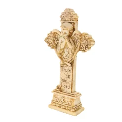 Palais du Rosaire Croix pied avec ange 21cm en pierre et resine beige^ Crucifix Résine
