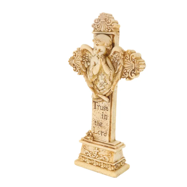 Palais du Rosaire Croix pied avec ange 21cm en pierre et resine beige^ Crucifix Résine