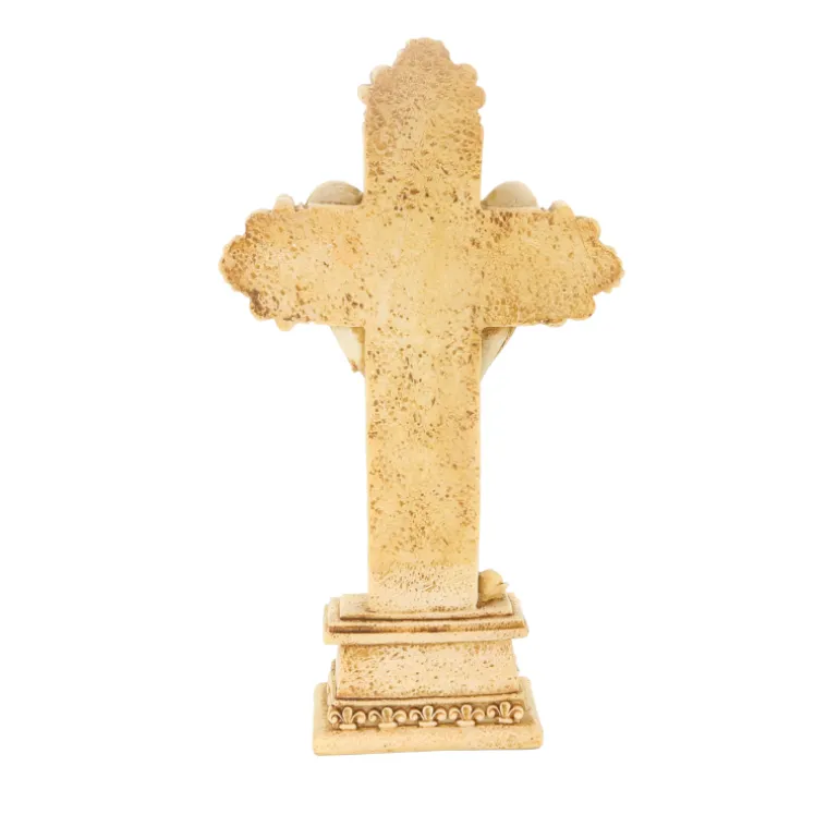 Palais du Rosaire Croix pied avec ange 21cm en pierre et resine beige^ Crucifix Résine