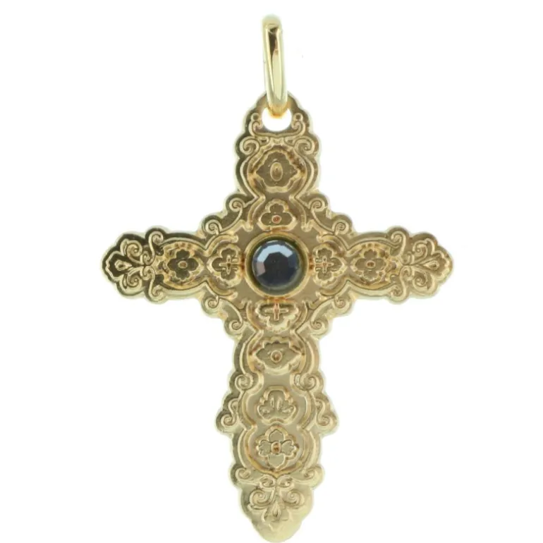 Palais du Rosaire Croix Plaquée Or style barroque avec un strass noir^ Croix En Pendentif | Médaille Et Croix Plaqué Or