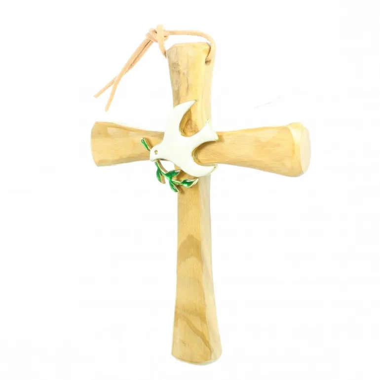 Palais du Rosaire Croix religieuse en bois d'olivier ornée d'une colombe blanche^ Croix Religieuse