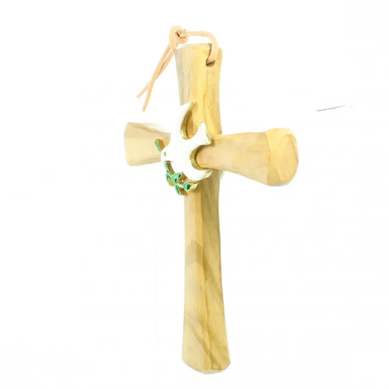 Palais du Rosaire Croix religieuse en bois d'olivier ornée d'une colombe blanche^ Croix Religieuse