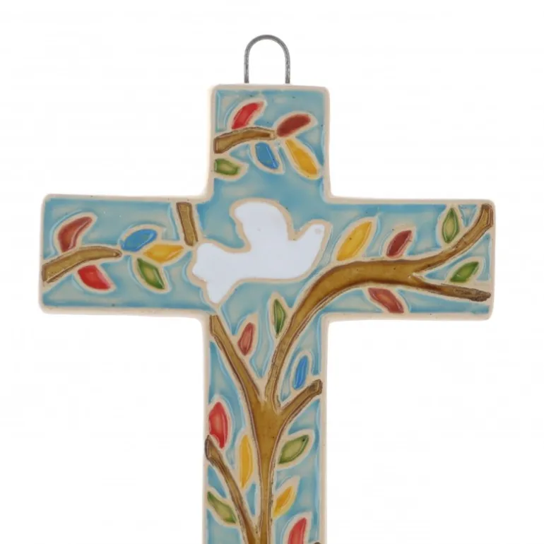 Palais du Rosaire Croix Religieuse en Céramique décorée d'une Colombe 10cm^ Croix Religieuse