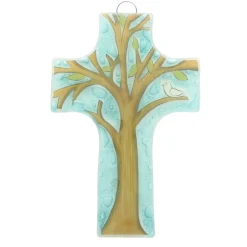 Palais du Rosaire Croix religieuse en verre illustrée d'un arbre de vie 8x12cm^ Croix Religieuse