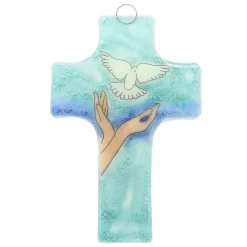 Palais du Rosaire Croix religieuse en verre illustrée d'un laché de colombe 8x12cm^ Croix Religieuse