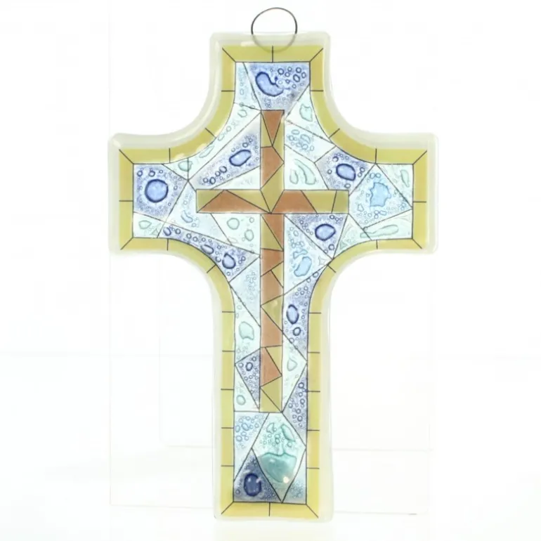 Palais du Rosaire Croix Religieuse en verre illustration vitrail 8x12cm^ Croix Religieuse
