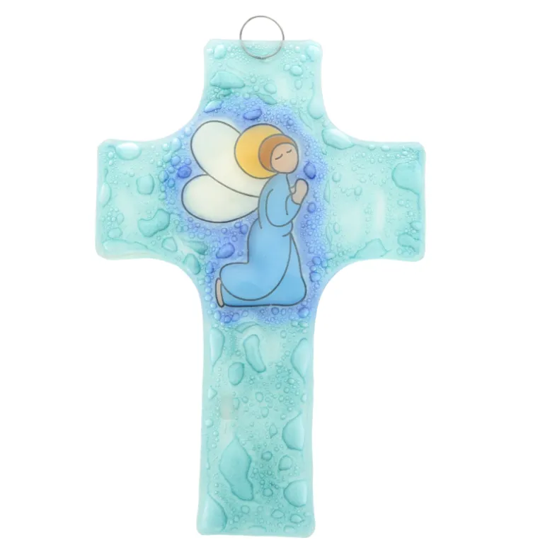 Palais du Rosaire Croix religieuse en verre illustrée d'un ange priant 8x12cm^ Croix Religieuse