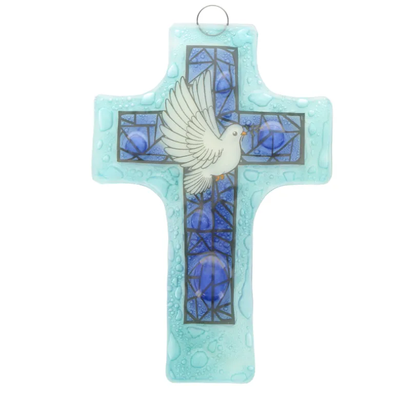 Palais du Rosaire Croix religieuse en verre illustrée d'une colombe 8x12cm^ Croix Religieuse