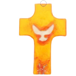 Palais du Rosaire Croix religieuse en verre orange illustrée d'une colombe 8x12cm^ Croix Religieuse