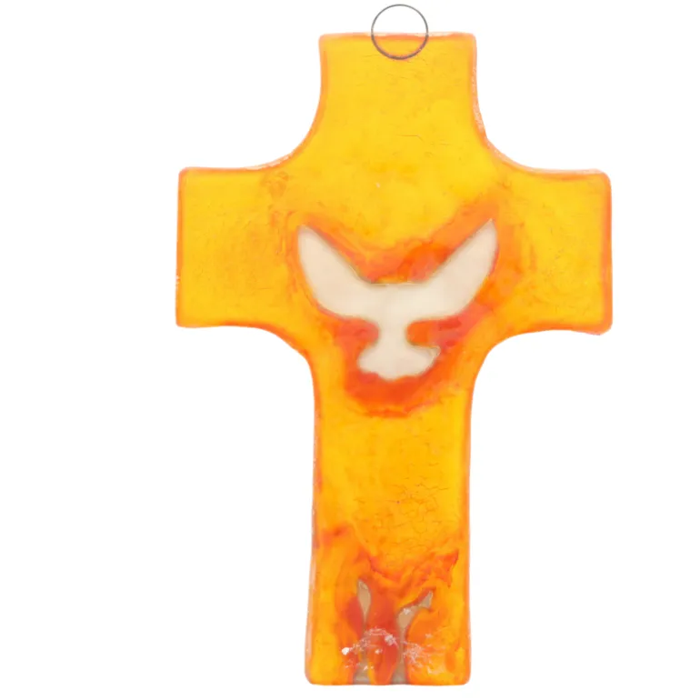 Palais du Rosaire Croix religieuse en verre orange illustrée d'une colombe 8x12cm^ Croix Religieuse