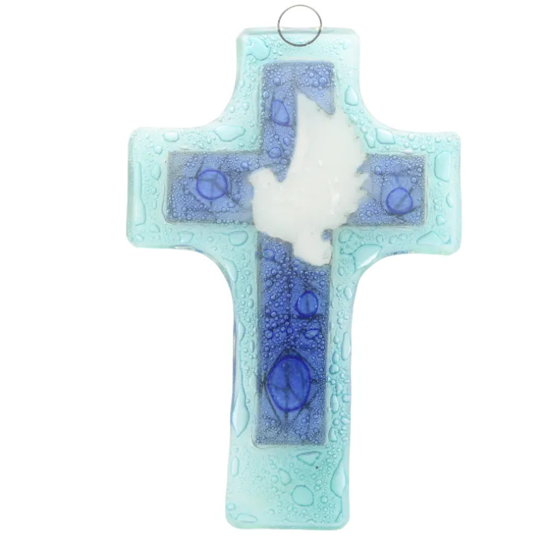 Palais du Rosaire Croix religieuse en verre illustrée d'une colombe 8x12cm^ Croix Religieuse