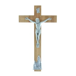 Palais du Rosaire Crucifix bois Christ et Apparition de Lourdes argentés 21 cm^ Crucifix Bois