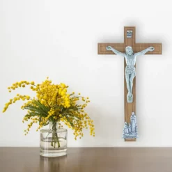 Palais du Rosaire Crucifix bois Christ et Apparition de Lourdes argentés 16,5 cm^ Crucifix Bois