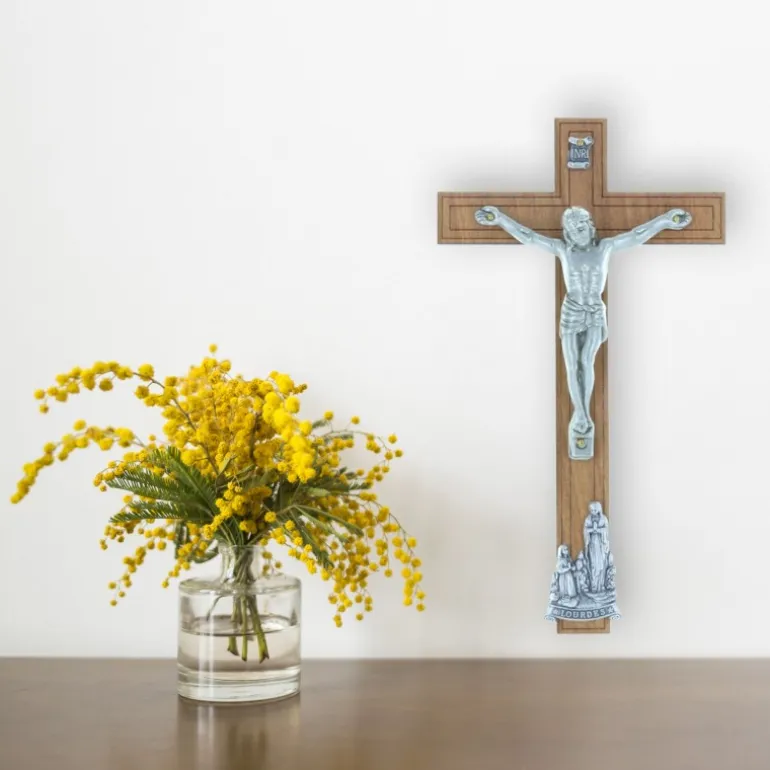 Palais du Rosaire Crucifix bois Christ et Apparition de Lourdes argentés 16,5 cm^ Crucifix Bois