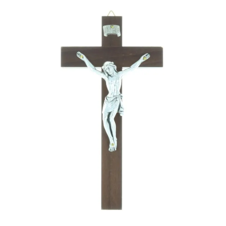 Palais du Rosaire Crucifix bois foncé et Christ argenté 16 cm^ Crucifix Bois