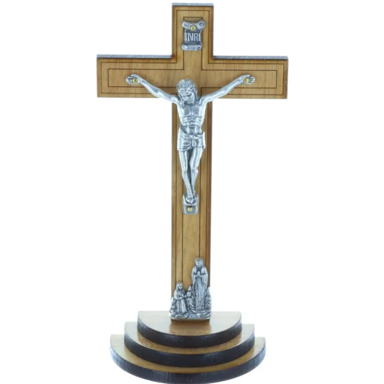 Palais du Rosaire Crucifix bois foncé sur un socle bois et Christ argenté 13,5 cm^ Crucifix Bois