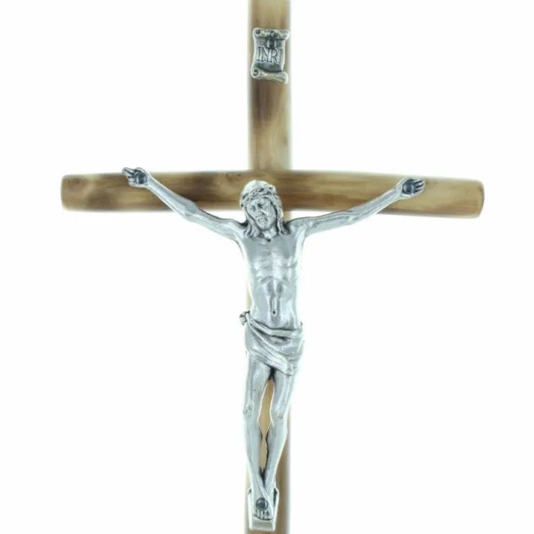 Palais du Rosaire Crucifix bois sur socle en bois avec le Christ argenté 21cm^ Crucifix Bois