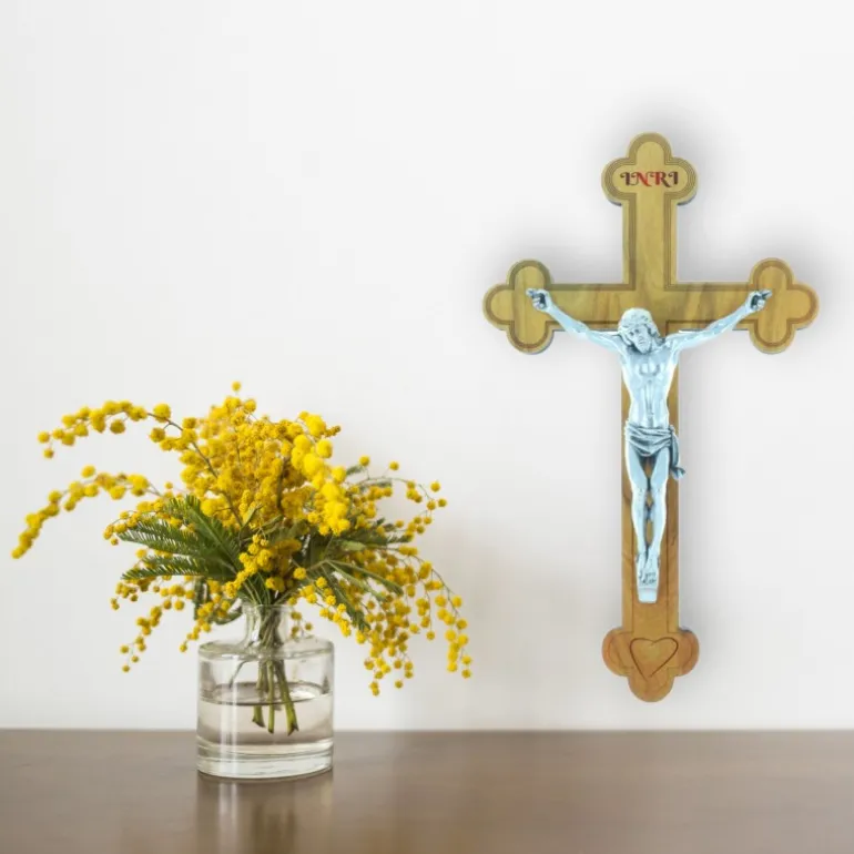 Palais du Rosaire Crucifix bois trilobé et Christ argenté 16 cm^ Crucifix Bois