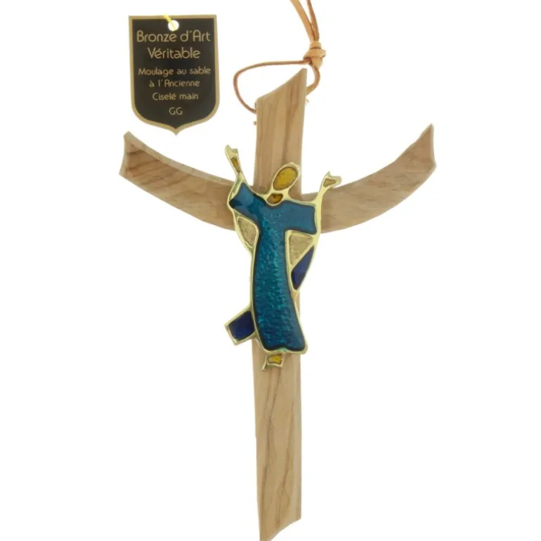 Palais du Rosaire Crucifix Christ glorieux en Bronze et bois d'olivier 16 cm^ Crucifix Bois