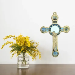 Palais du Rosaire Crucifix de Lourdes en métal doré avec 4 vues 12cm^ Crucifix Métal