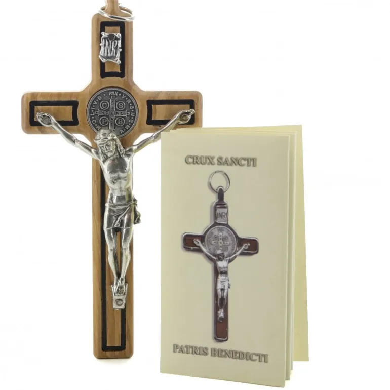 Palais du Rosaire Crucifix de Saint Benoît en bois d'olivier avec médaille argentée 12 cm^ Crucifix Bois