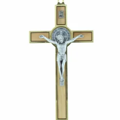 Palais du Rosaire Crucifix de Saint Benoît en bois d'olivier et métal doré 13cm^ Crucifix Bois