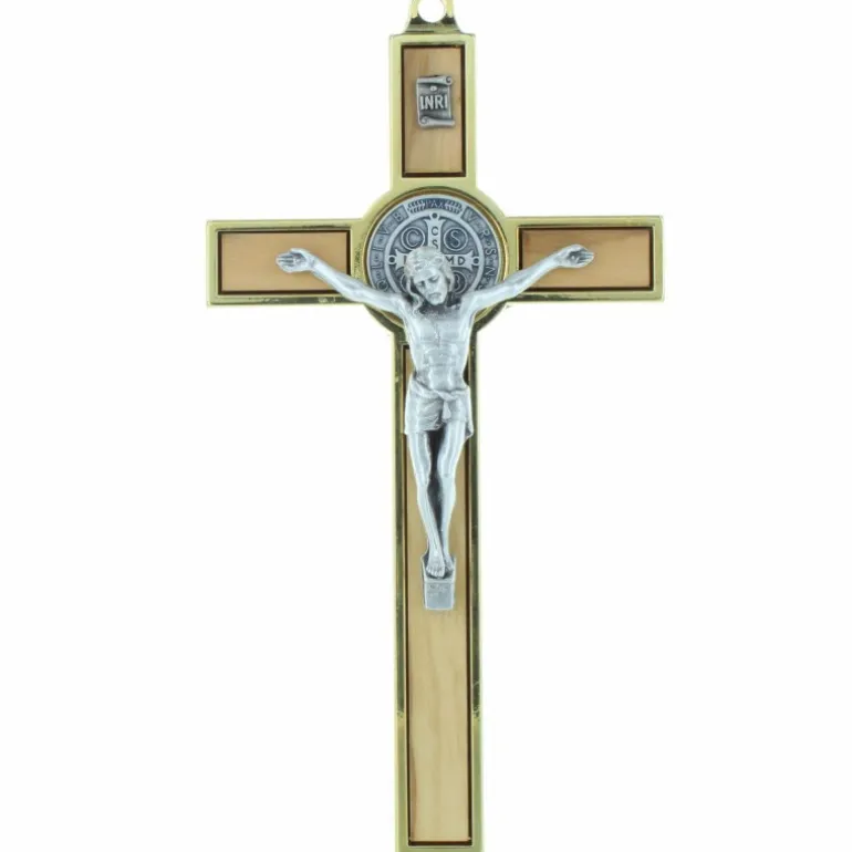 Palais du Rosaire Crucifix de Saint Benoît en bois d'olivier et métal doré 13cm^ Crucifix Bois