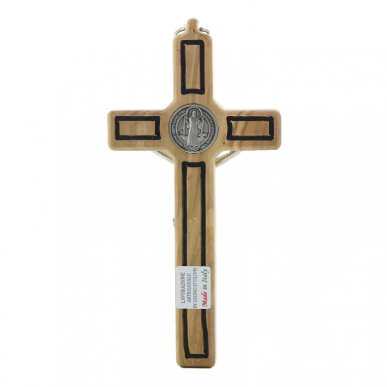 Palais du Rosaire Crucifix de Saint Benoît en bois d'olivier avec médaille argentée 12 cm^ Crucifix Bois