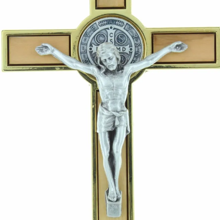 Palais du Rosaire Crucifix de Saint Benoît en bois d'olivier et métal doré 13cm^ Crucifix Bois