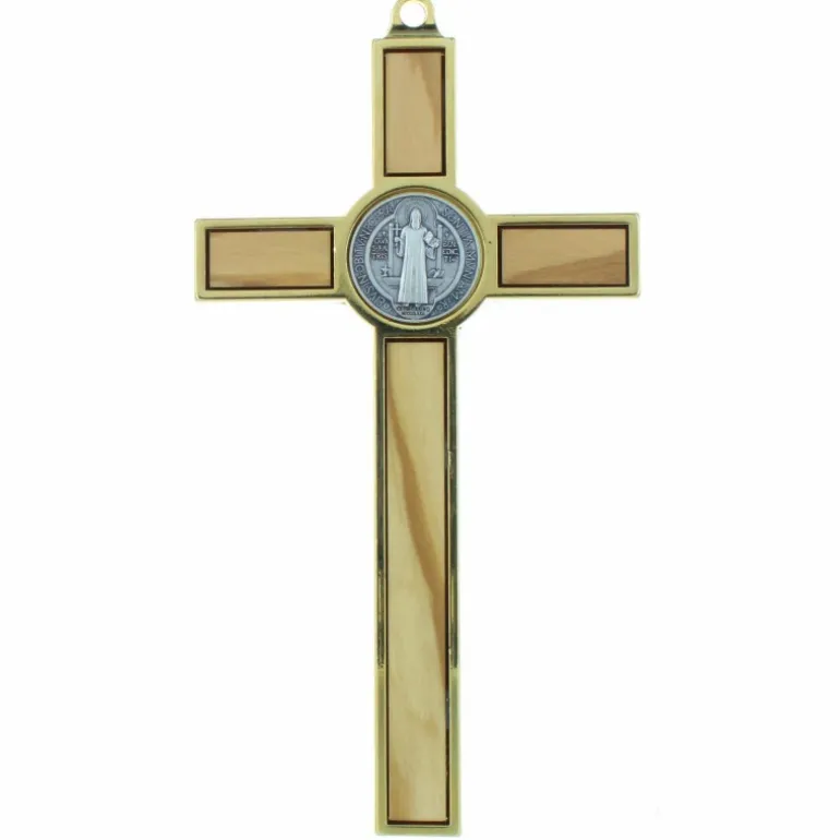 Palais du Rosaire Crucifix de Saint Benoît en bois d'olivier et métal doré 13cm^ Crucifix Bois