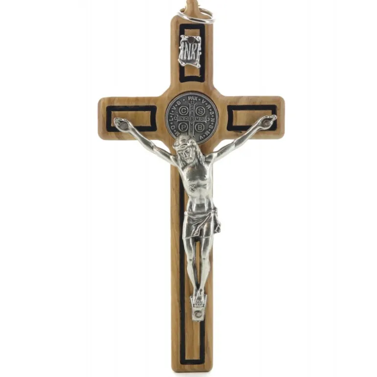 Palais du Rosaire Crucifix de Saint Benoît en bois d'olivier avec médaille argentée 12 cm^ Crucifix Bois
