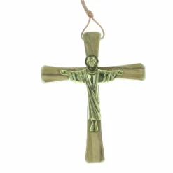 Palais du Rosaire Crucifix du Christ Glorieux en Bronze et bois d'olivier de 14cm^ Crucifix Bois | Crucifix Métal