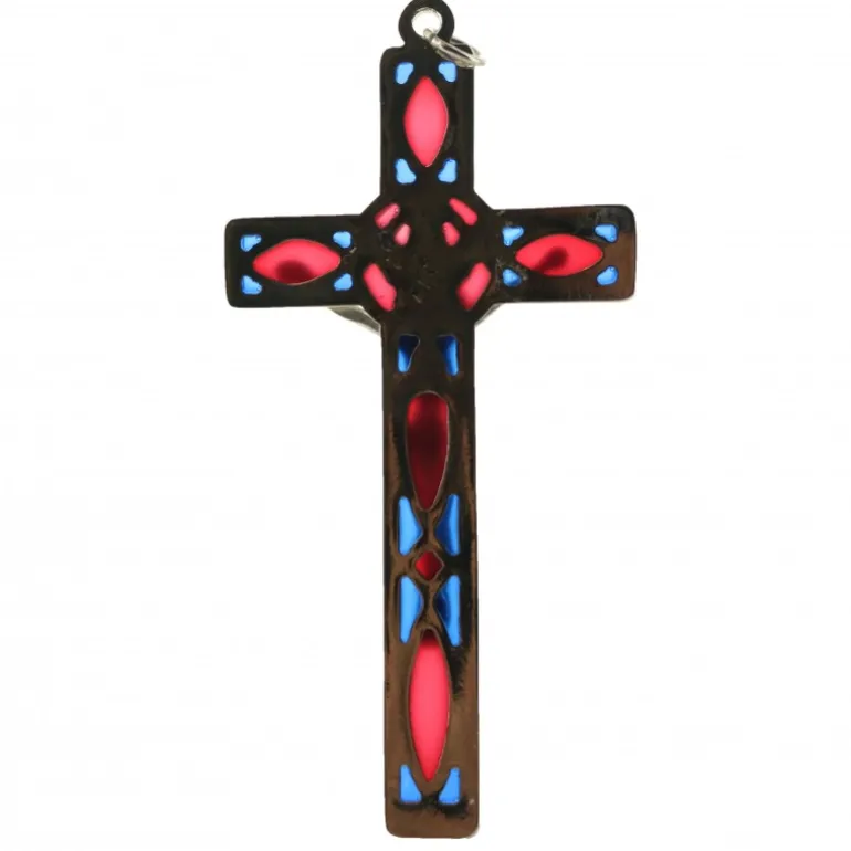 Palais du Rosaire Crucifix du Saint esprit avec fond en vitrail coloré^ Croix Religieuse