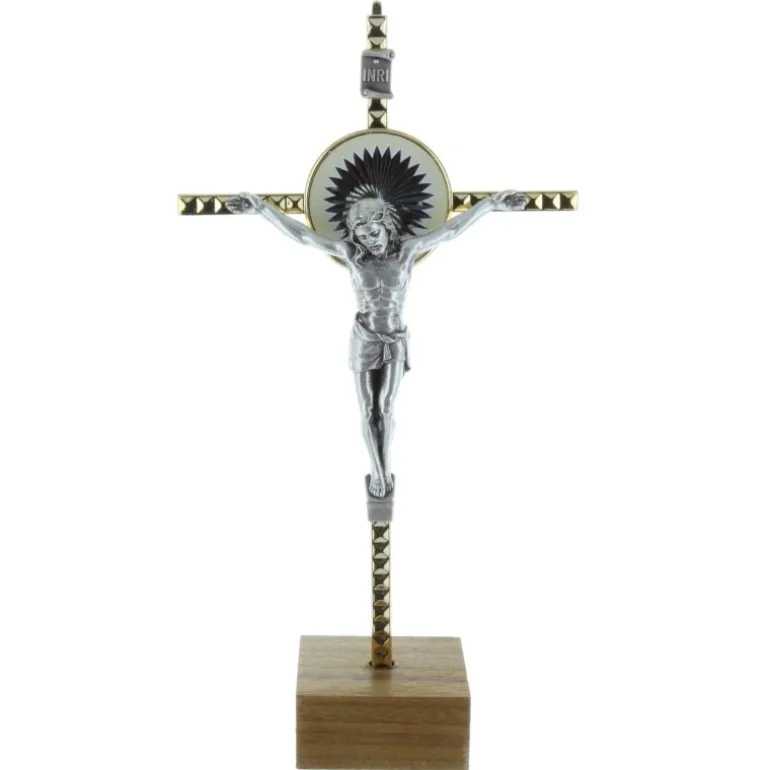 Palais du Rosaire Crucifix métal doré sur un socle en bois et Christ argenté 18 cm^ Crucifix Métal