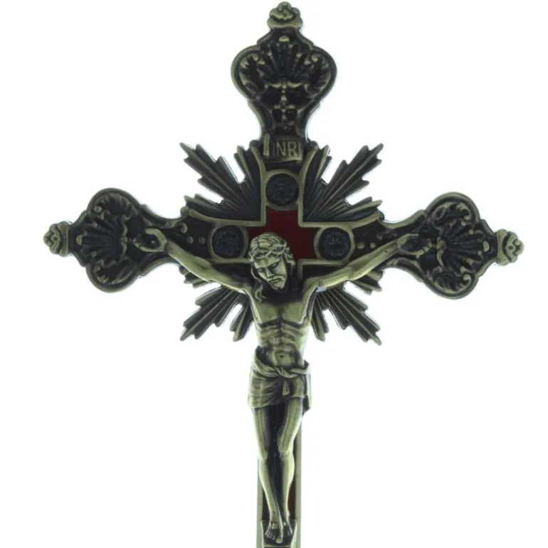 Palais du Rosaire Crucifix métal sur socle style baroque 23cm^ Crucifix Métal