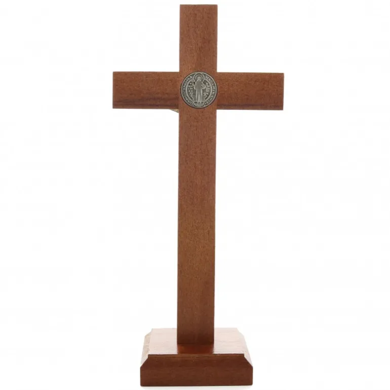 Palais du Rosaire Crucifix Saint Benoît avec Christ argenté 16 cm^ Crucifix Bois