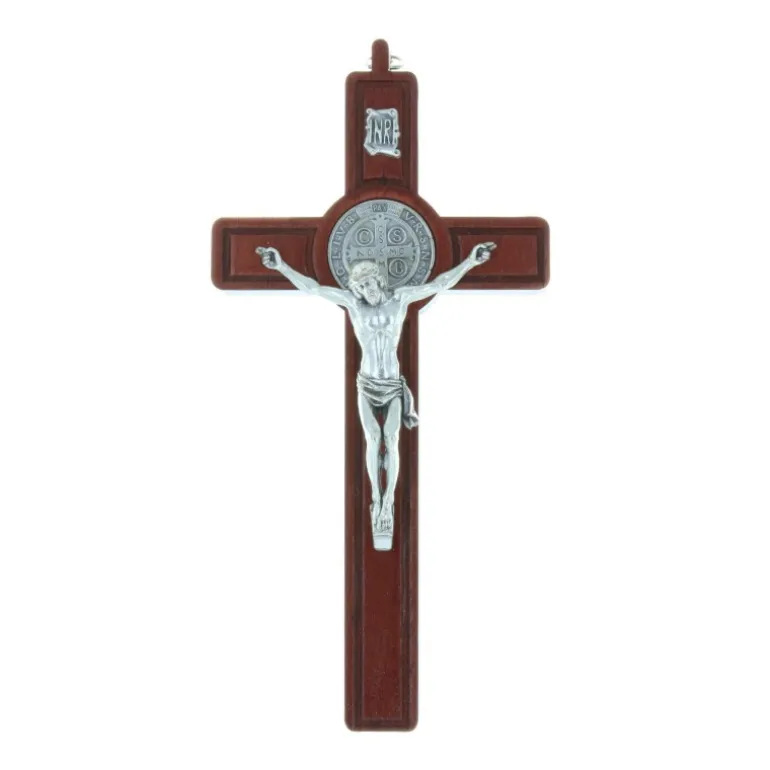 Palais du Rosaire Crucifix Saint Benoît en bois d'olivier Christ et médaille argentée 20 cm^ Crucifix Bois