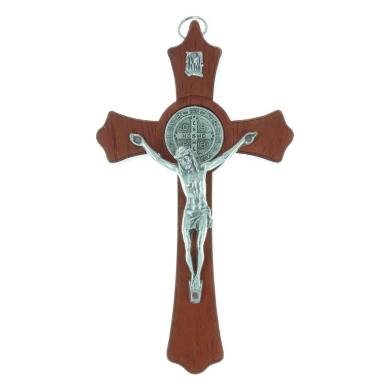 Palais du Rosaire Crucifix Saint Benoît en bois Christ et médaille Saint Benoît argentée 15 cm^ Crucifix Bois