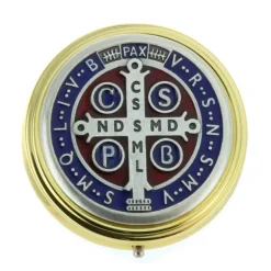 Palais du Rosaire Custode à Hosties dorée avec médaille de Saint Benoit 6 x 6cm^ Custode