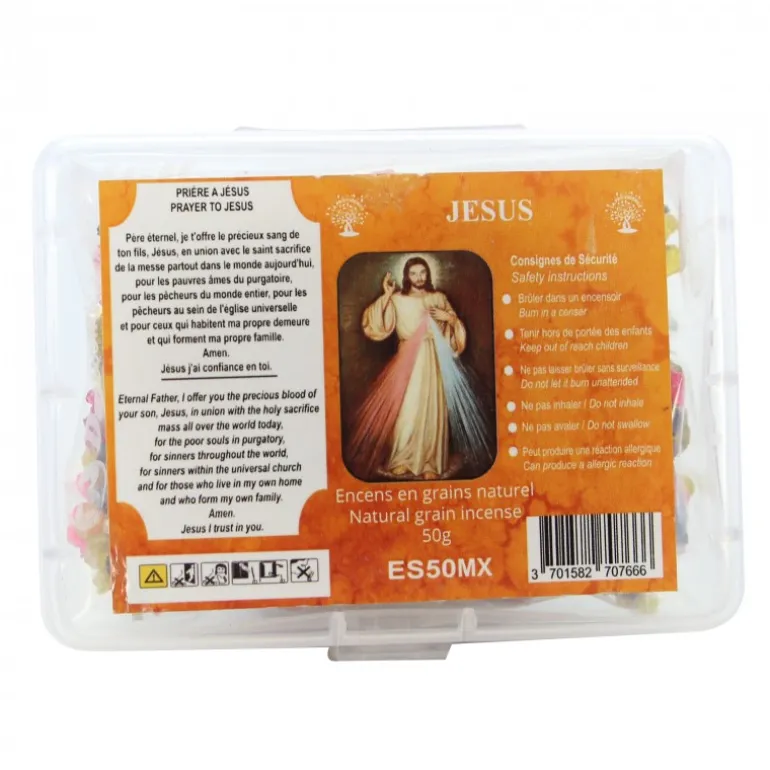 Palais du Rosaire Encens Naturel en Grains de Jésus Miséricodieux avec prière - Boîte 50g^ Encens En Grains