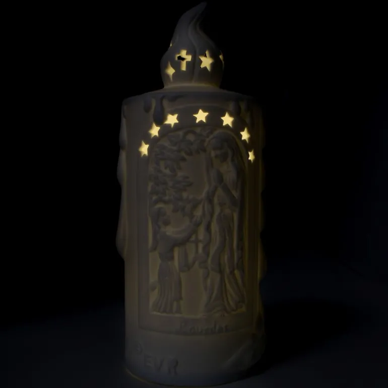 Palais du Rosaire Lampe en porcelaine style bougie illustrée avec la Vierge de Lourdes et Sainte Bernadette 20cm^ Bougie De Dévotion